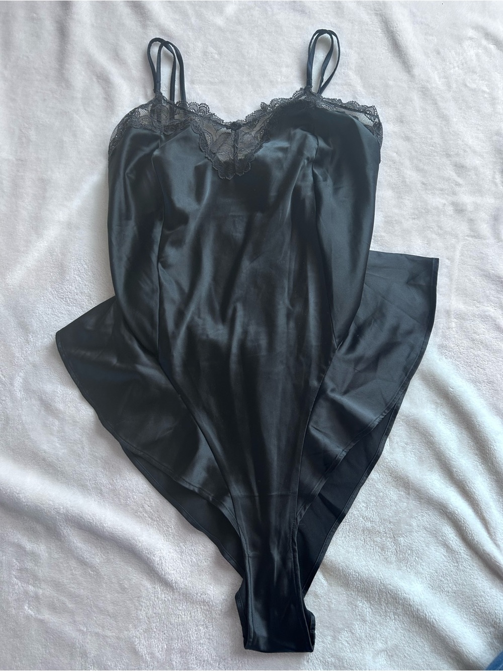 SKIMS High Cut Black Satin Lace-Trim Bodysuit with Ruffle Detail